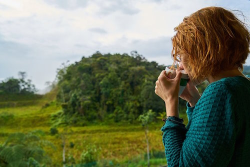woman drinking coffee looking out into the backyard