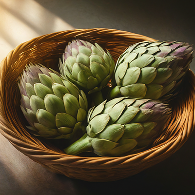a basket containing four artichokes