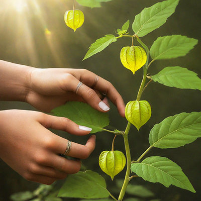 Someone's hands handling the leaves of the ground cherry plant
