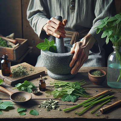 Person using ground cherry stems to make a concoction.