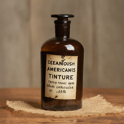 A tincture bottle with the label reading "Ceanothus americanus Tincture"