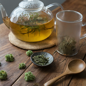 glass kettle filled with sand spurry tea