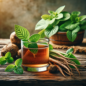 a glass of American spikenard plant beverage