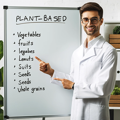 dietician pointing to a list of healthy foods