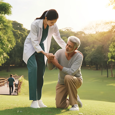 nurse helping up older gentleman