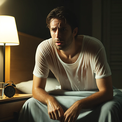 man sitting on side of bed after waking up because of night sweats
