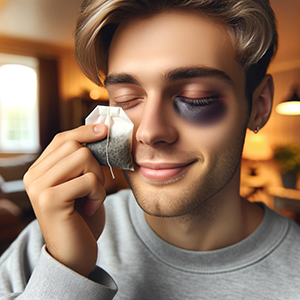 Man putting tea bag on black eye