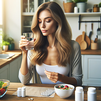woman with glass of water and vitamins