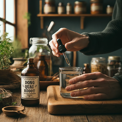 someone using a bottle of Dong Quai Root tincture