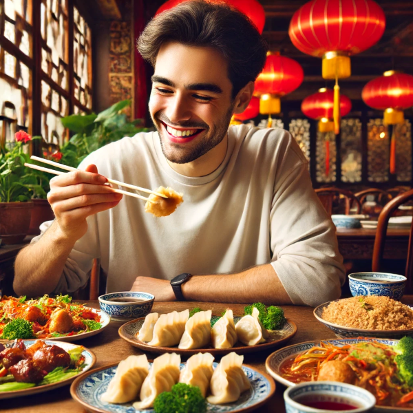 man sitting and enjoying Chinese food