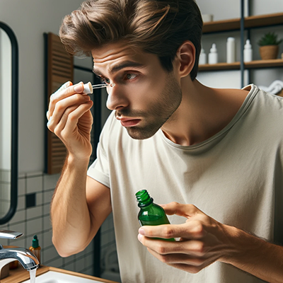 man using aloe vera juice in his eye