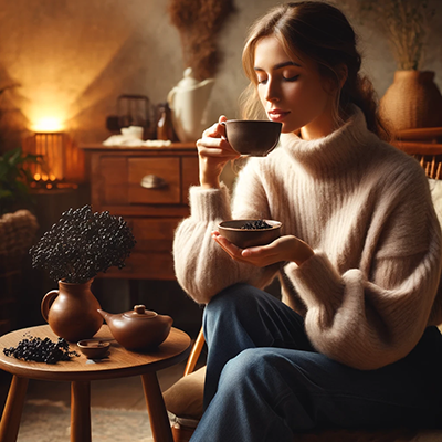 woman drinking black haw tea