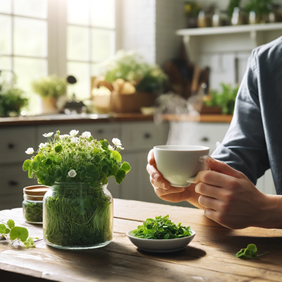 someone drinking a cup of cleavers tea