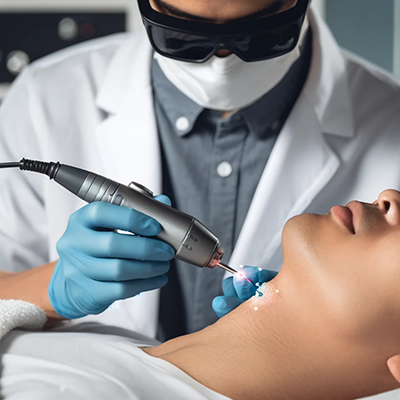 Doctor performing laser skin tag procedure