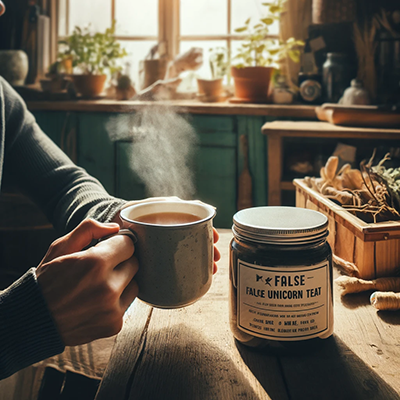 Someone drinking a cup of false unicorn root tea