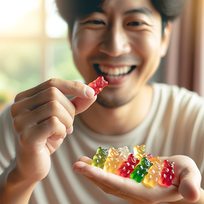 man eating gummy bear supplements
