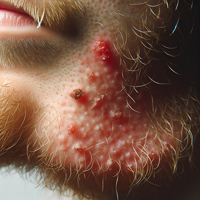 Man's beard showing badly infected ingrown hairs