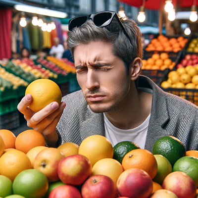 color blind man looking at an orange