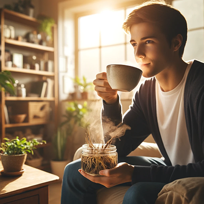 man sipping a cup of stoneroot tea
