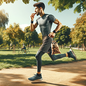 man jogging and eating walnuts for energy