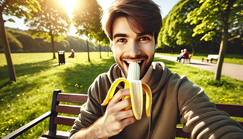 man enjoying eating a banana