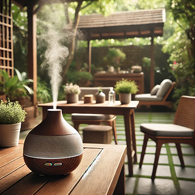 Essential oil diffuser going off on an outdoor table