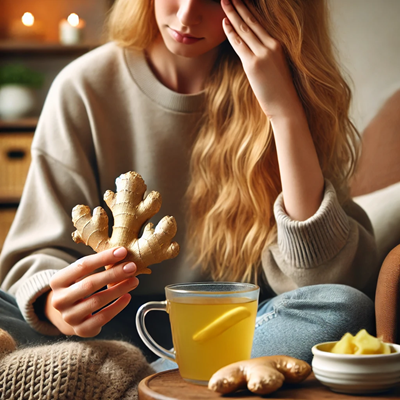 Woman using ginger as a remedy for a migraine