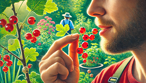 man consuming red currants