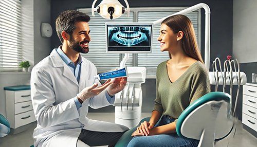 Dentist talking to patient about prebiotic toothpaste