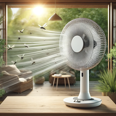 fan blowing away mosquitoes