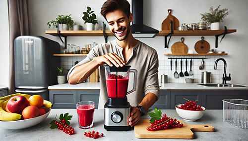 Man making red currant smoothie