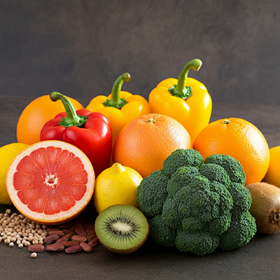 a pile of fruits and vegetables rich in vitamin C