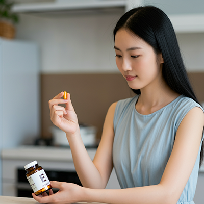 a woman holding a vitamin E pill