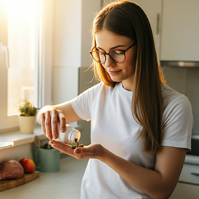 a woman pouring vitamins into her hand