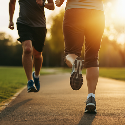 a pair of people running on a path