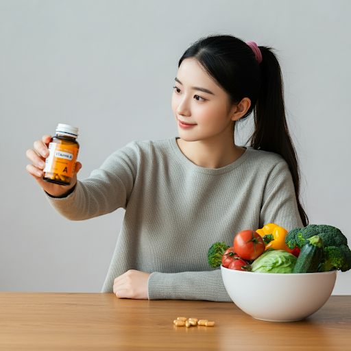 Woman about to take vitamin A supplements
