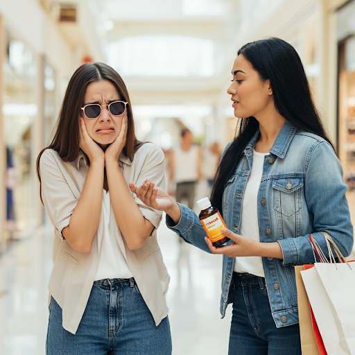Woman suffering from light sensitivity while a friend offering her vitamin A