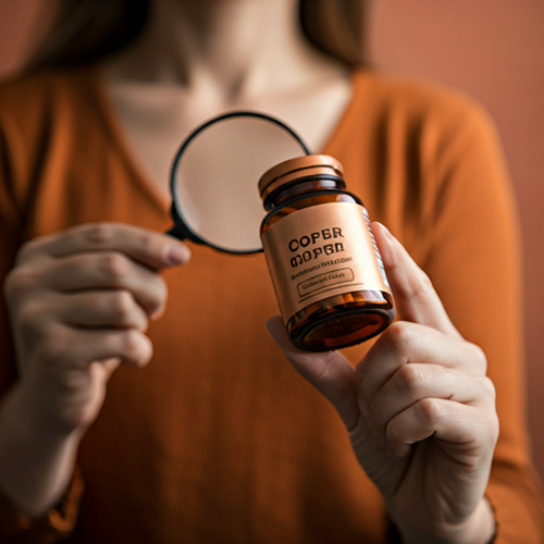 someone holding magnifying glass to a supplement bottle of copper