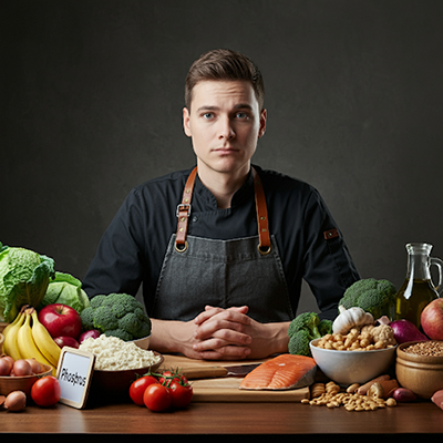 a man sitting at a table with food that is rich in phosphorus 