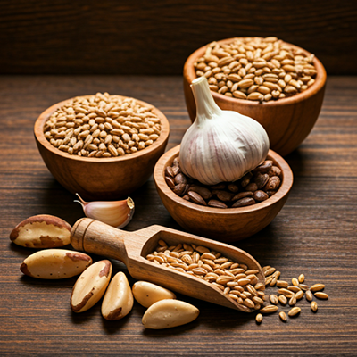 a group of bowls of food rich in selenium benefits