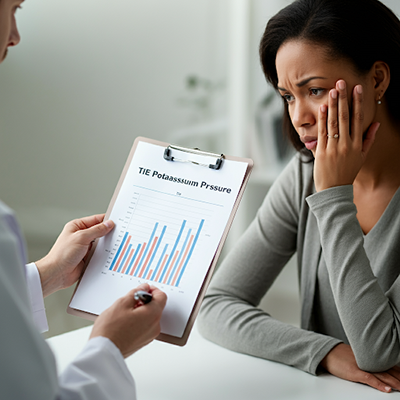 a woman looking at a graph on a clipboard about the importance of blood pressure and potassium
