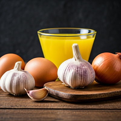 a group of sulfur-rich eggs and garlic on a wooden board