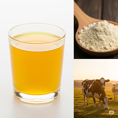 Glass of golden bovine colostrum supplement, nature's first food.