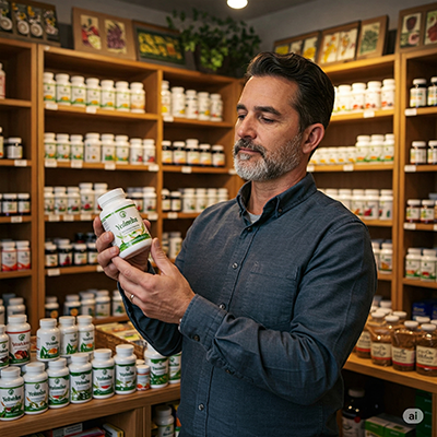 man checking out supplement in a herbal store