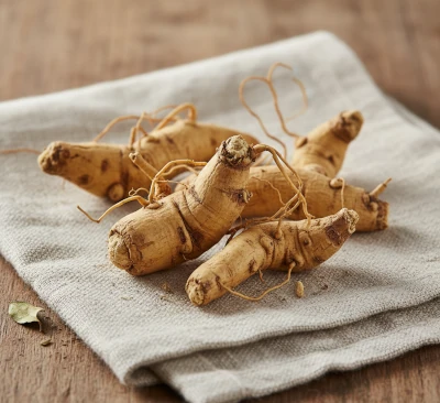 Ashwagandha roots on linen cloth.