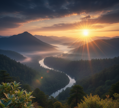 A powerful, inspiring image of a sunrise over a natural landscape, symbolizing new beginnings and renewed energy.