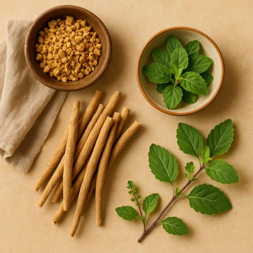 Assortment of adaptogenic herbs—ashwagandha roots, rhodiola, and tulsi—on a wooden board.