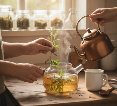 Couple preparing mugwort tea