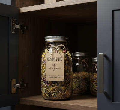 Labeled airtight glass jar of dried herbs stored in a dark cabinet.