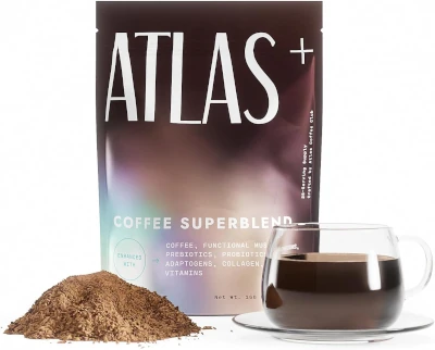 Atlas+ Coffee Superblend– Premium Mushroom Coffee with Collagen, Probiotics, D3 & B12, Lion’s Mane, Reishi, Cordyceps– for Energy, Focus, Immunity & Gut Health– 28 Servings (1 Bag)